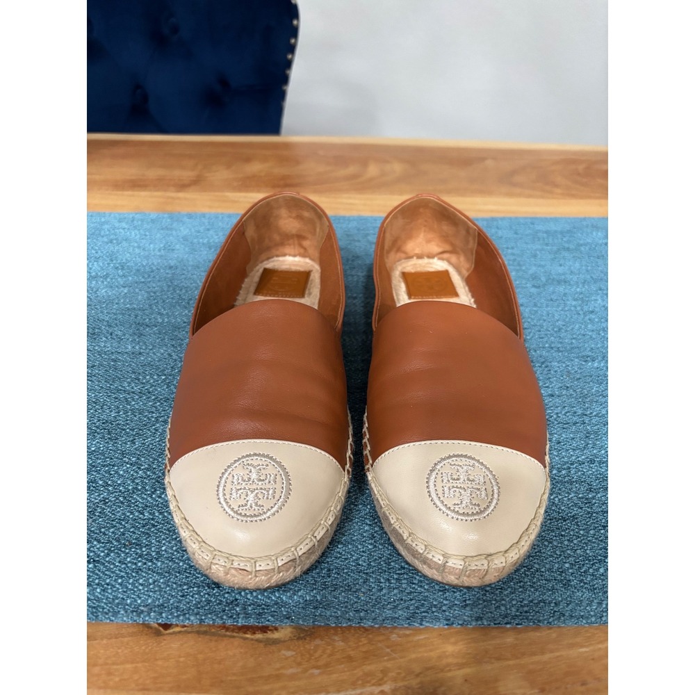 Tory Burch Color Block Flat Espadrille Leather Tan Cream Logo Size 9